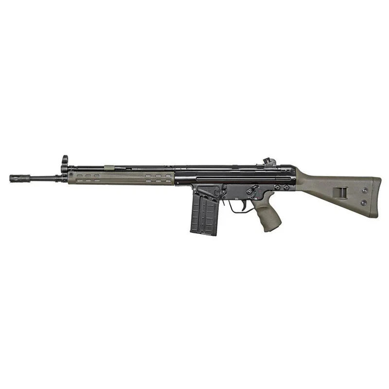 A tactical rifle with a black metal receiver and barrel, a textured olive green handguard and magazine, and an olive green stock, shown against a plain white background.