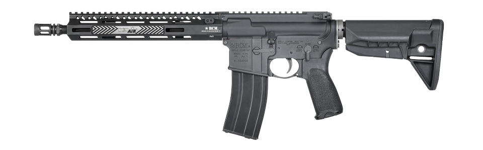 A black BCM rifle with a handguard, vertical foregrip, and adjustable stock, shown against a plain white background.