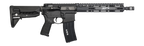 A black tactical rifle with a vertical foregrip, adjustable stock, and a black magazine, shown against a plain white background.