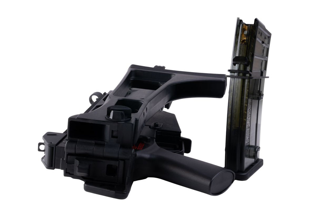 VFC G36KV airsoft rifle folded stock rear view with detached transparent gas magazine standing alongside.