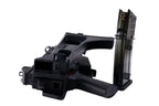 VFC G36KV airsoft rifle folded stock rear view with detached transparent gas magazine standing alongside.
