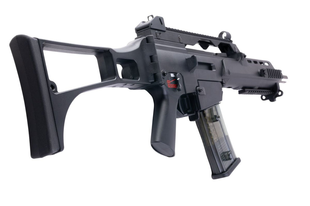 Umarex VFC G36KV V2 airsoft rifle rear-right view with extended skeleton stock and transparent magazine.