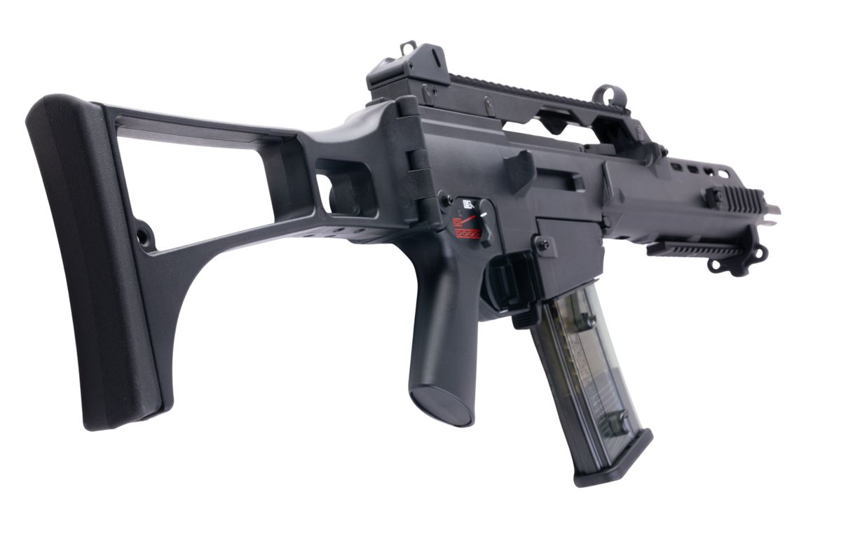 Umarex VFC G36KV V2 airsoft rifle rear-right view with extended skeleton stock and transparent magazine.