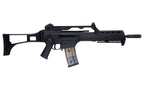 Right profile of Umarex VFC G36KV V2 airsoft rifle with carry handle, extended stock and transparent magazine.