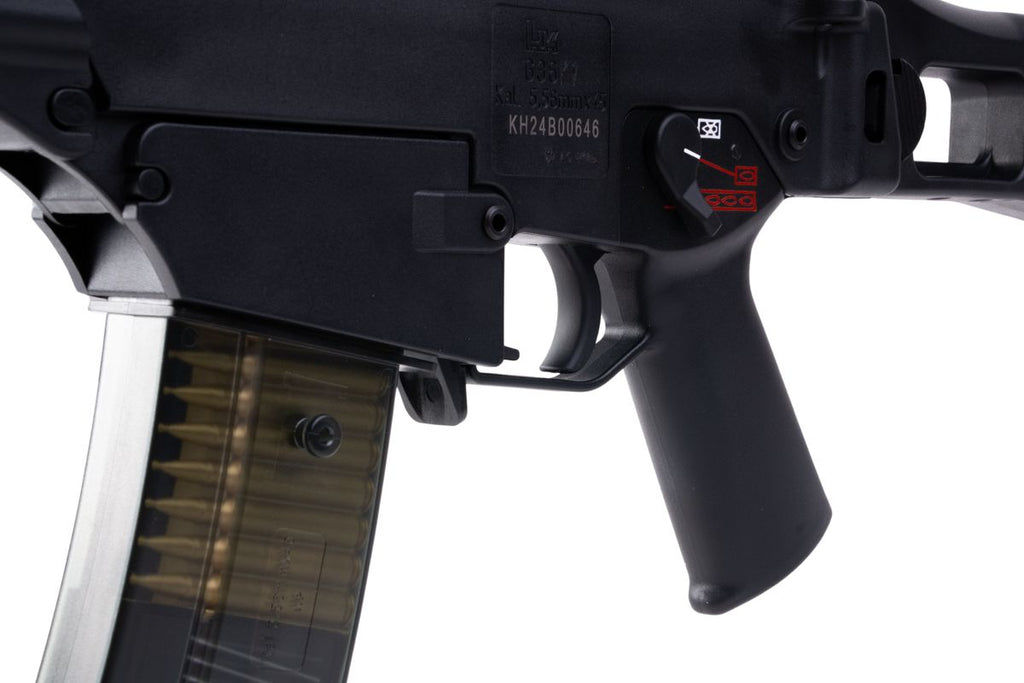 VFC G36KV airsoft rifle left receiver close-up showing serial marking, fire selector, trigger and magazine.