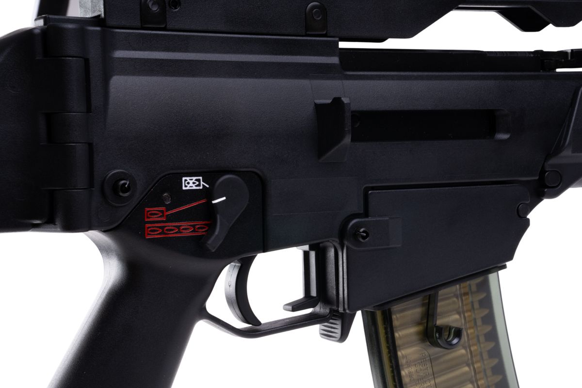 VFC G36KV airsoft rifle right receiver close-up showing selector markings, trigger and magazine release.