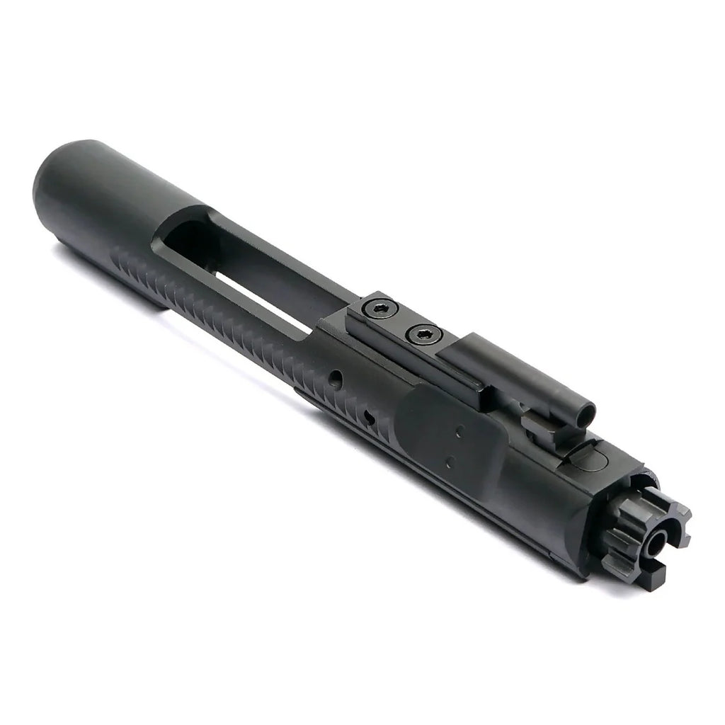 VFC M4 V3 reinforced airsoft bolt carrier group angled view showing gas key, carrier opening and nozzle.