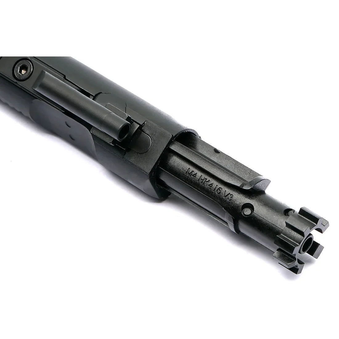 VFC M4 V3 airsoft bolt carrier close-up with NPAS nozzle extended and M4 HK416 V3 marking visible.
