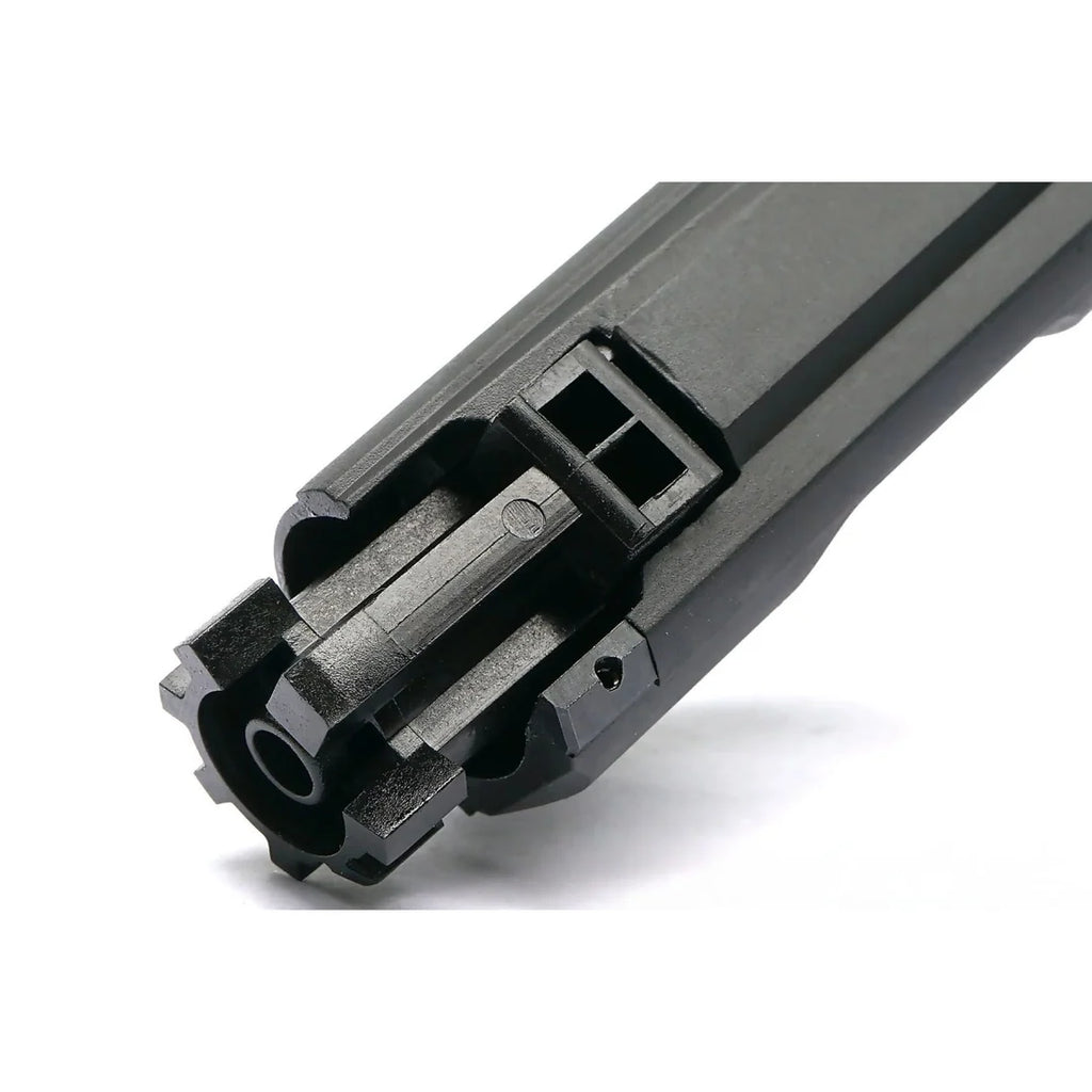 VFC M4 V3 airsoft bolt carrier underside close-up showing nozzle opening and rectangular gas inlet.