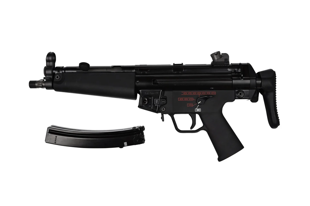 Black submachine gun with magazine on a white background