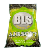 BLS 0.20g bio airsoft BBs in green and black 1kg bag, front view on white background.