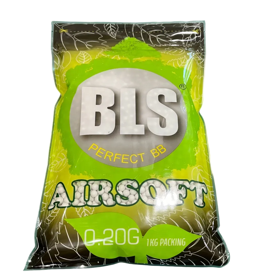 BLS 0.20g bio airsoft BBs in green and black 1kg bag, front view on white background.