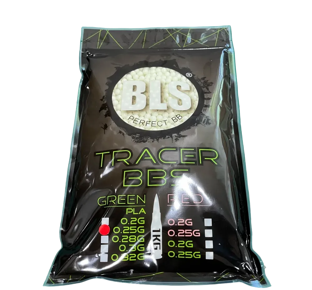 Packaging of BLS tracer BBs with visible branding on a green background