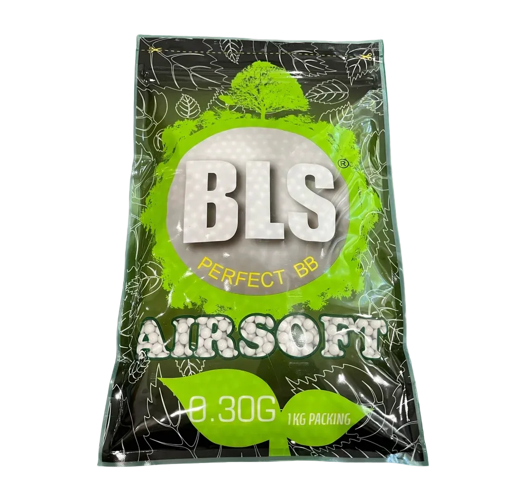 BLS 0.30g bio airsoft BBs in green and black 1kg bag, front view on white background.