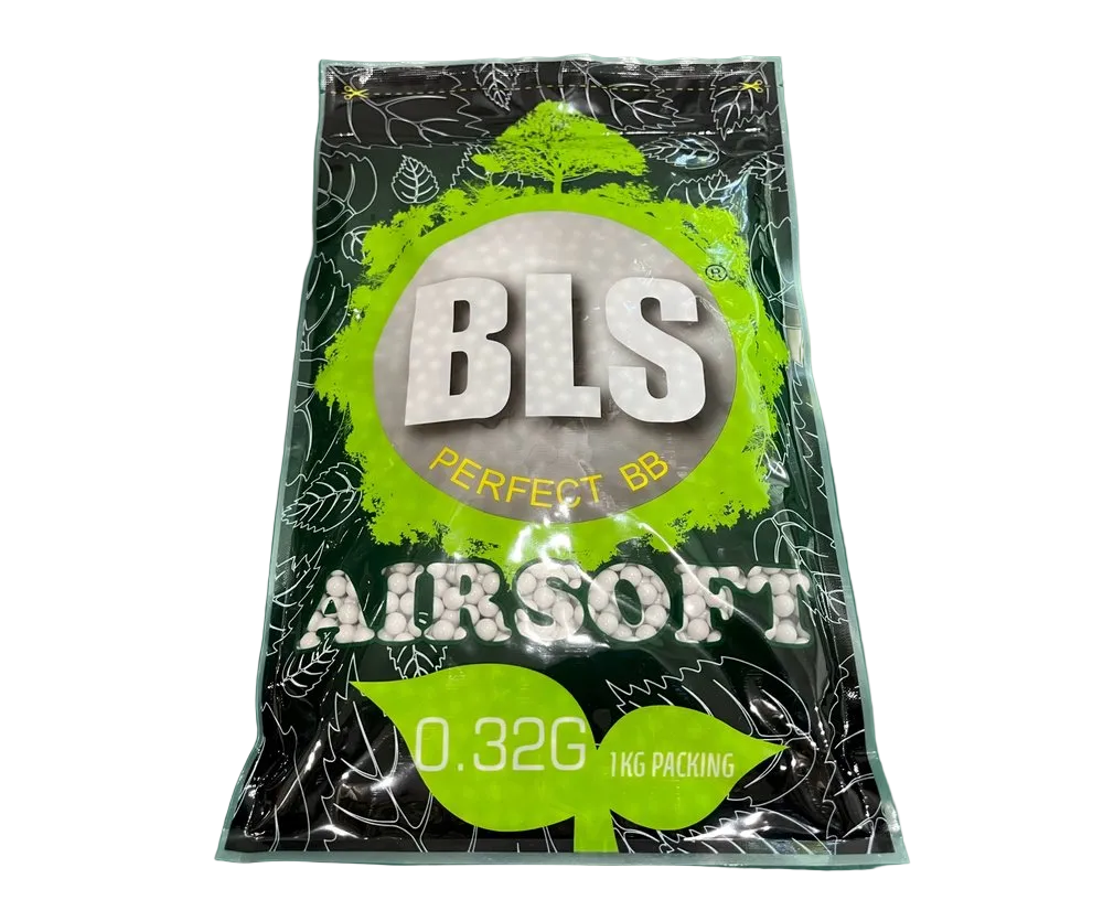 BLS Airsoft BB packaging on a green background