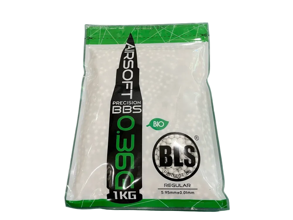 BLS 0.36g bio airsoft BBs in clear 1kg bag with green trim and black weight label.