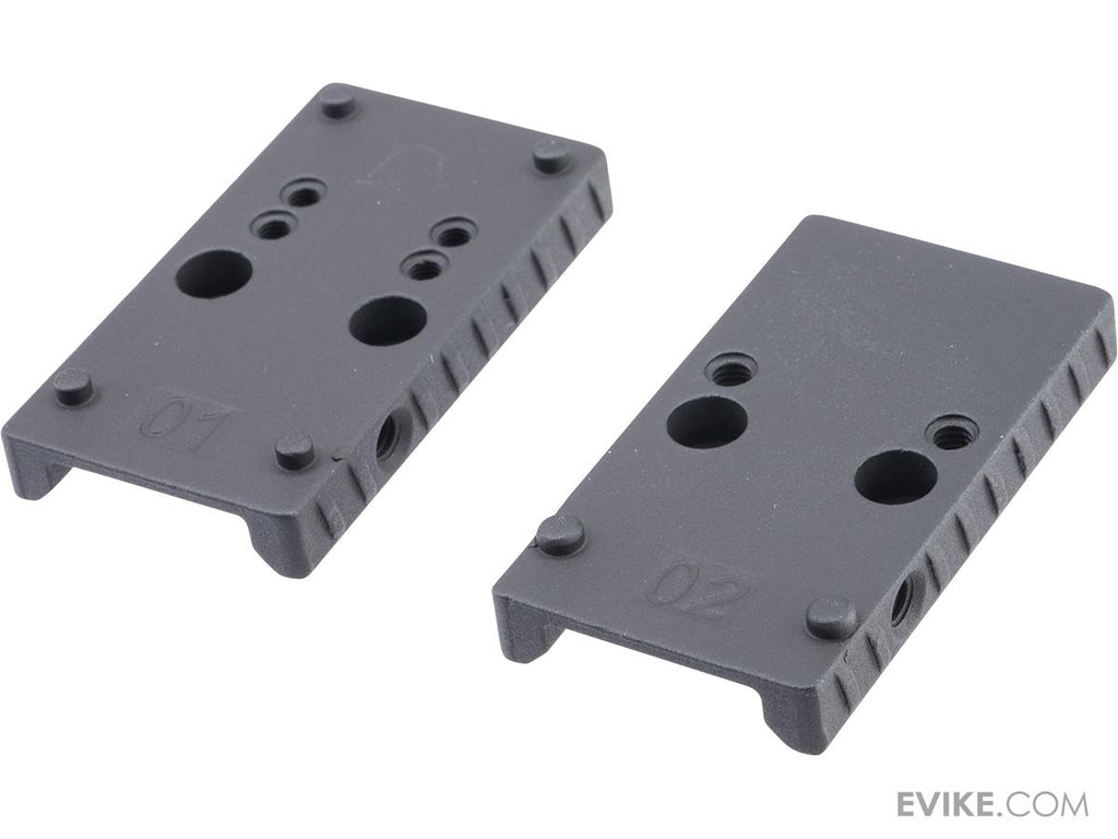 Two gray metal mounting brackets on a white background with 'evike.com' branding.