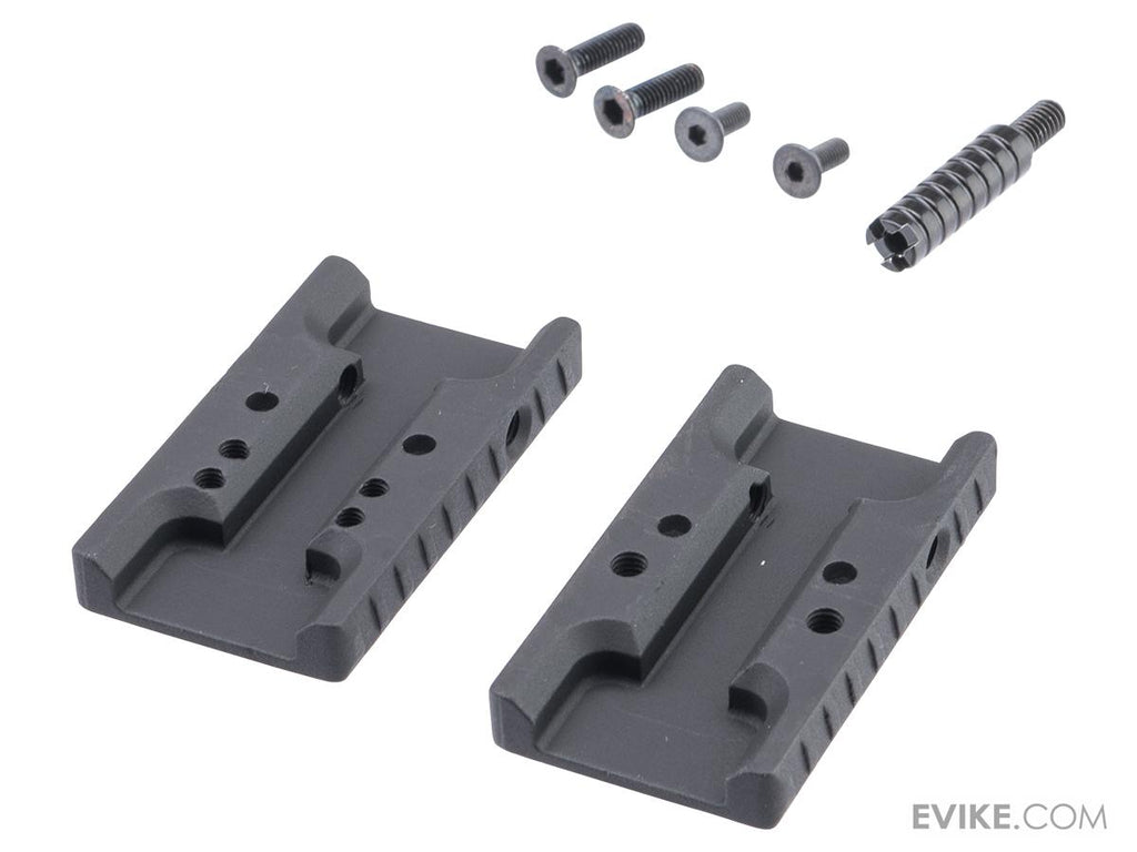 Two black metal components with screws and a spring on a white background, featuring Evike.com branding.