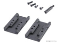 Two black metal components with screws and a spring on a white background, featuring Evike.com branding.