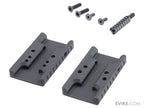 Two black metal components with screws and a spring on a white background, featuring Evike.com branding.