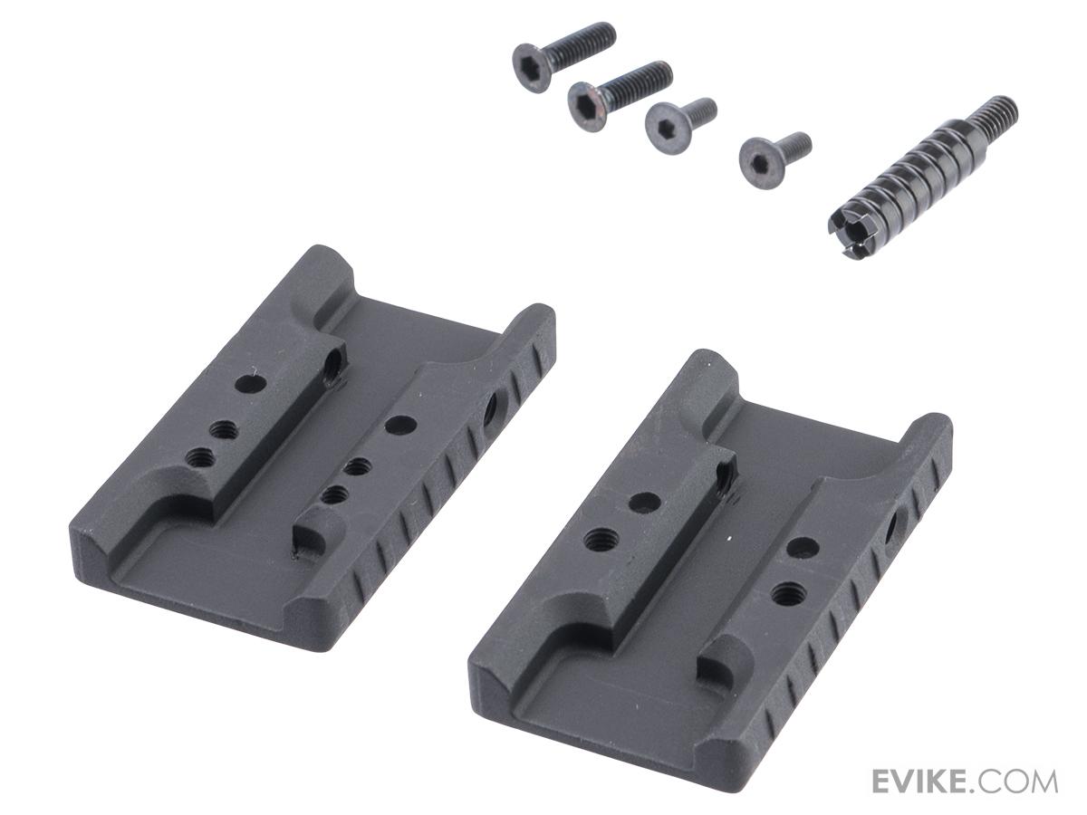 Two black metal components with screws and a spring on a white background, featuring Evike.com branding.