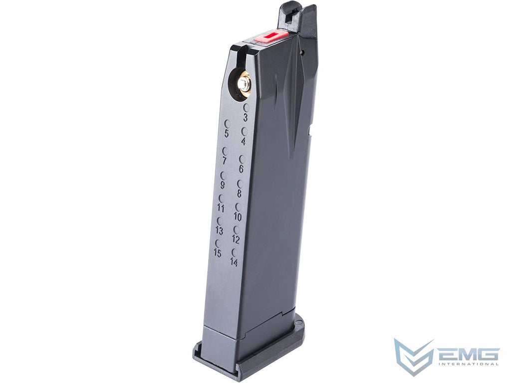 Black gun magazine with measurement markings on a white background, featuring the EMG logo.