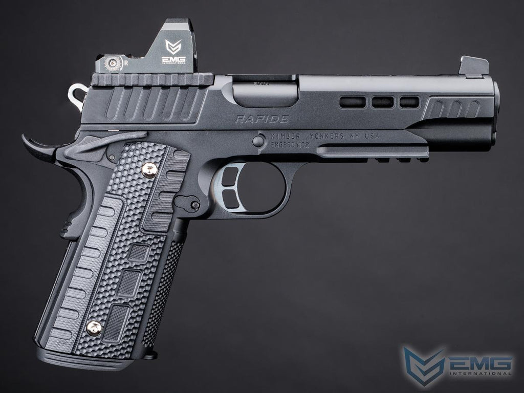 Black handgun with 'EMG' branding on a dark background