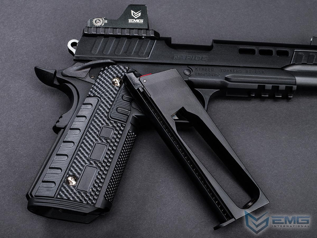 Black firearm with textured grip on a gray background, featuring EMG branding.