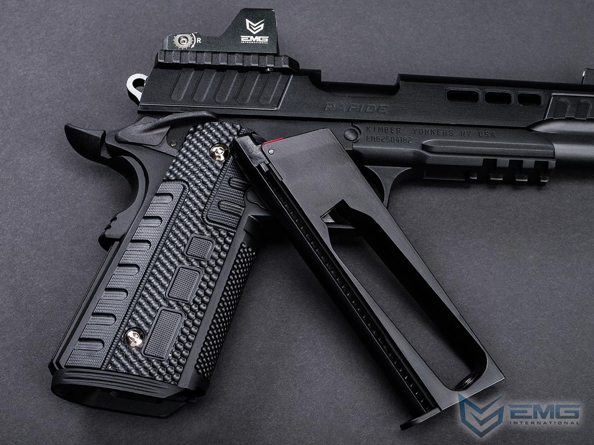 Black firearm with textured grip on a gray background, featuring EMG branding.