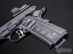 Black handgun with textured grip on a dark background