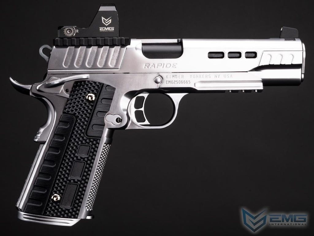 Silver handgun with black grip on a dark background, featuring the EMG logo.