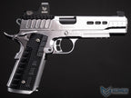 Silver handgun with black grip on a dark background, featuring the EMG logo.