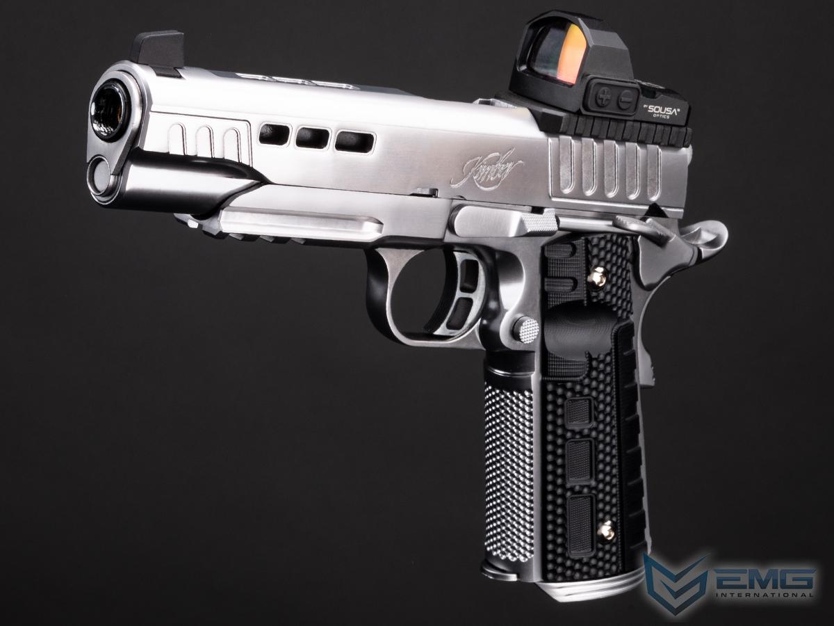 Silver handgun with black grip and red dot sight on a dark background