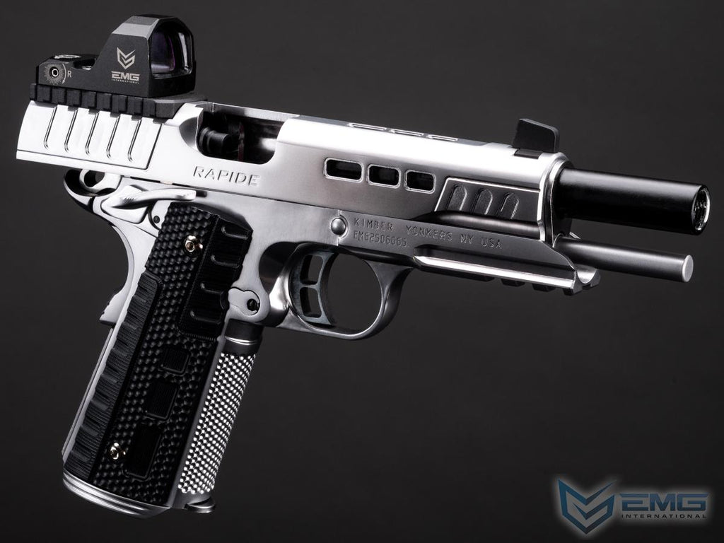 Silver handgun with black grip on a dark background