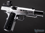 Silver handgun with black grip on a dark background