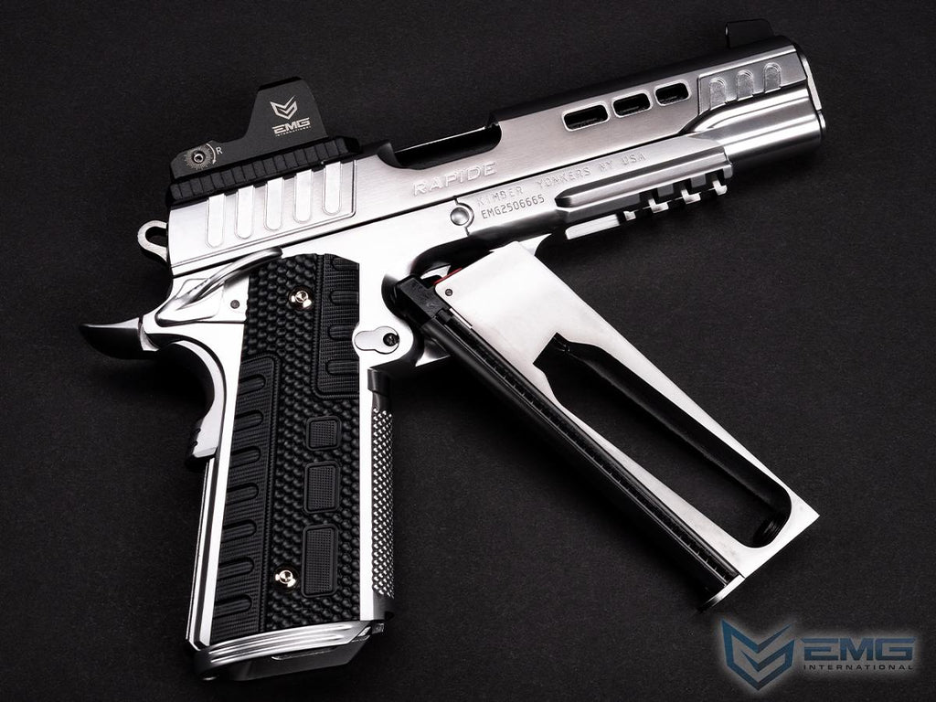 Silver and black handgun on a dark background with 'EMG' branding.