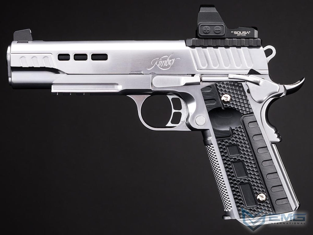 Silver and black handgun with 'Kimber' branding on a dark background