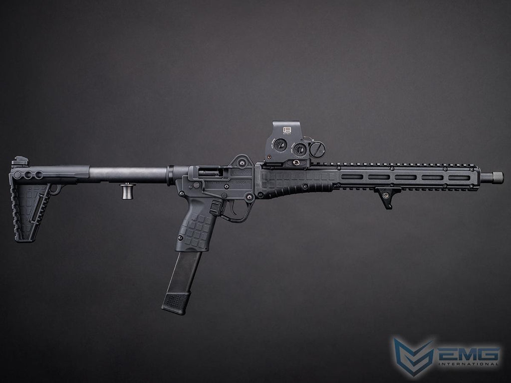 EMG x KelTec SUB2000 airsoft SMG, right-side view with mounted optic, slotted handguard and extended magazine.