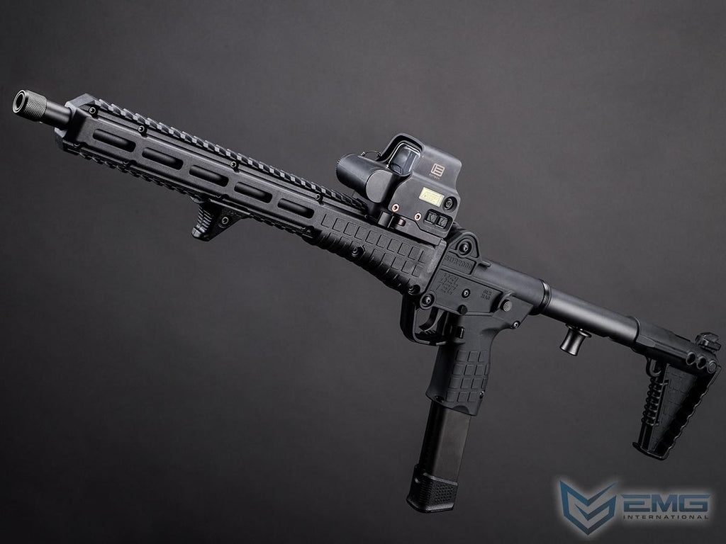 EMG x KelTec SUB2000 airsoft SMG, angled view showing mounted optic, hand stop, long magazine and black stock.