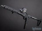 EMG x KelTec SUB2000 airsoft SMG, angled view showing mounted optic, hand stop, long magazine and black stock.