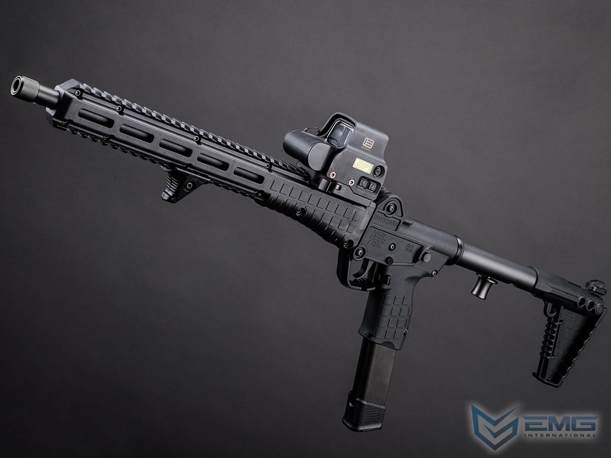 EMG x KelTec SUB2000 airsoft SMG, angled view showing mounted optic, hand stop, long magazine and black stock.