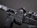 EMG x KelTec SUB2000 airsoft SMG right receiver close-up showing ejection port, folding hinge and model markings.