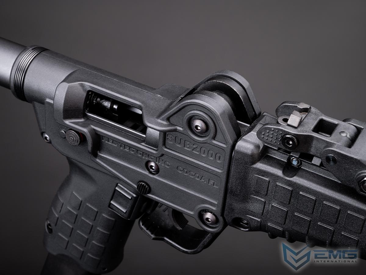EMG x KelTec SUB2000 airsoft SMG right receiver close-up showing ejection port, folding hinge and model markings.