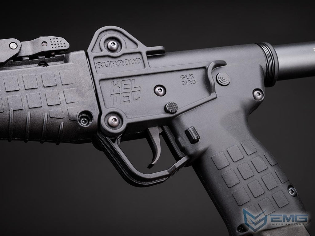 EMG x KelTec SUB2000 airsoft SMG left receiver close-up showing KelTec markings, trigger and textured grip.