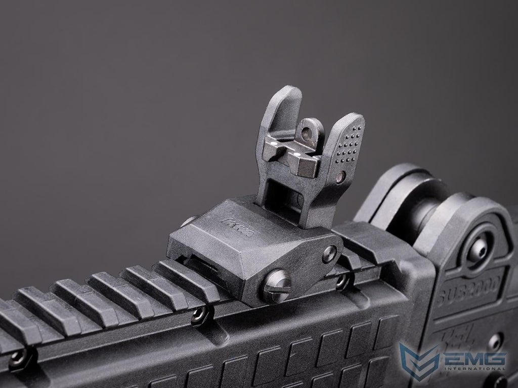 EMG x KelTec SUB2000 airsoft SMG close-up of raised rear aperture sight on the top rail beside the folding hinge.