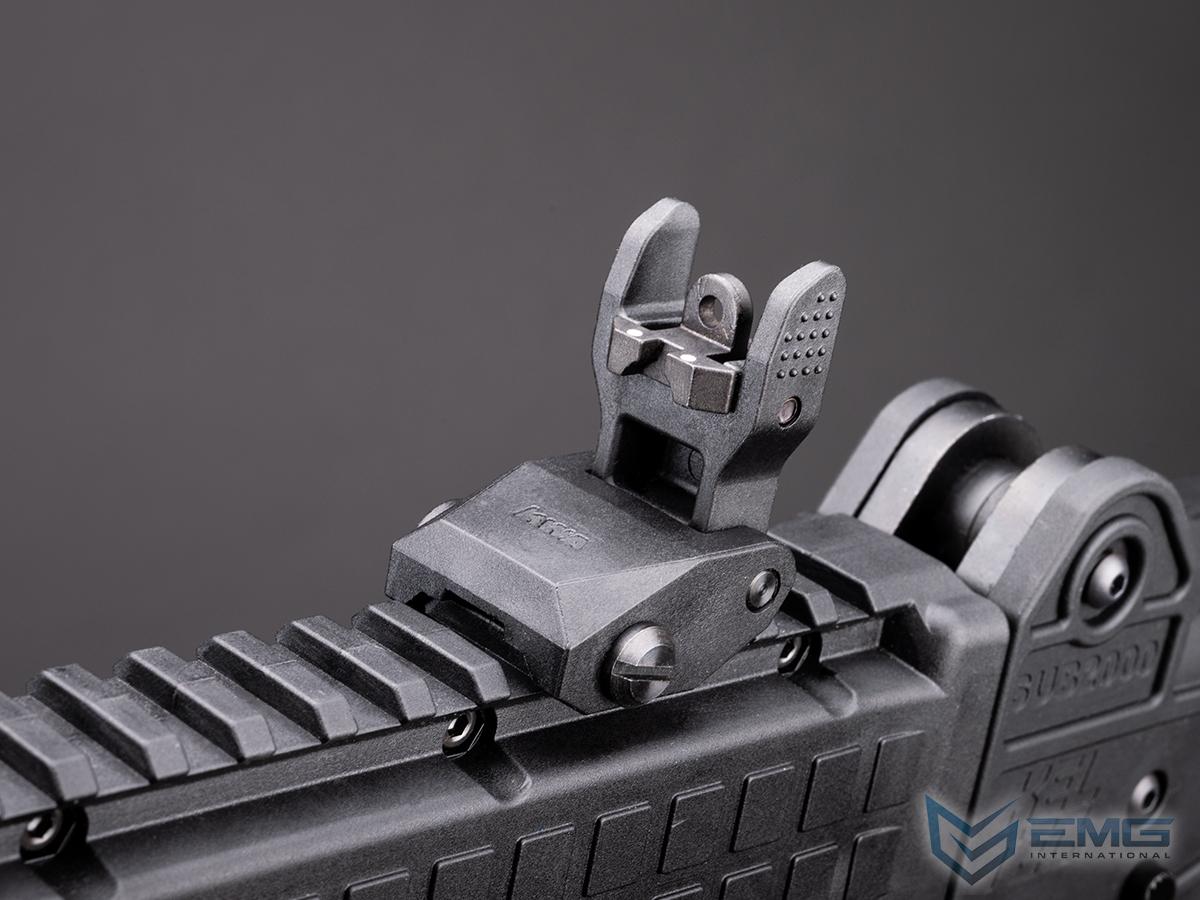 EMG x KelTec SUB2000 airsoft SMG close-up of raised rear aperture sight on the top rail beside the folding hinge.