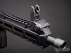 EMG x KelTec SUB2000 airsoft SMG front sight close-up showing raised sight, slotted handguard and knurled muzzle.