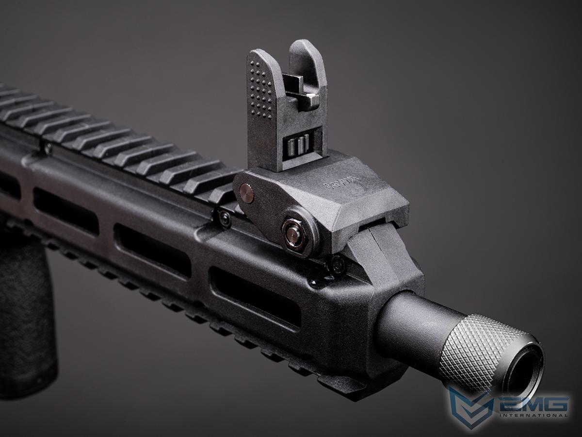 EMG x KelTec SUB2000 airsoft SMG front sight close-up showing raised sight, slotted handguard and knurled muzzle.