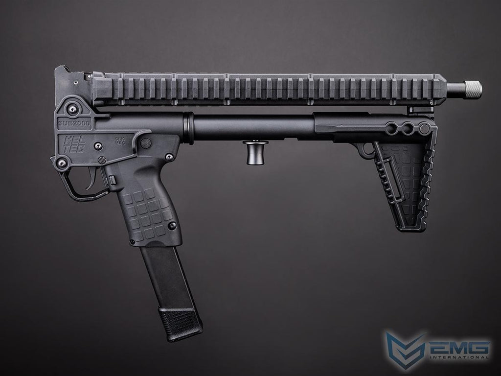 EMG x KelTec SUB2000 airsoft SMG folded in half, with handguard above the stock and magazine fitted in the grip.