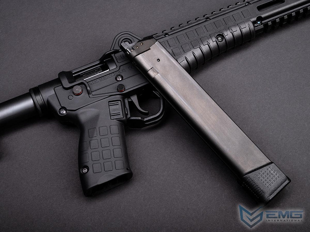 EMG x KelTec SUB2000 airsoft SMG receiver and textured pistol grip with detached extended magazine laid across.